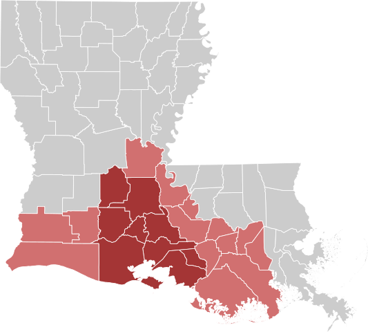 ルイジアナ州の赤く塗られた部分がアケイディアナの22郡。ケイジャンの多くがここに居住している